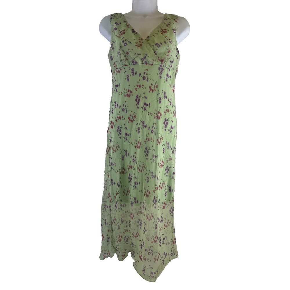 Jump Midi Dress Vintage Green Floral Chiffon VNeck Y2K 90s Tie Back Junior Small